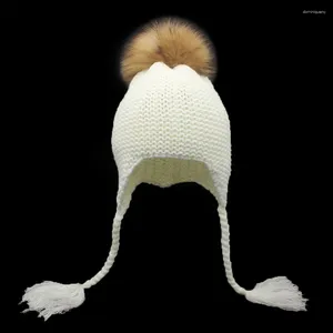 Bérets enfants hiver chaud fourrure de raton laveur tricot chapeaux filles garçons réel pompon bonnets casquette enfants Crochet bébé bonnet casquettes