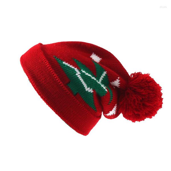 Boinas Sombrero de Navidad para niños Árbol Estampado Año Skullies Gorros Red Pom Ball Invierno Niño Dibujos animados de punto