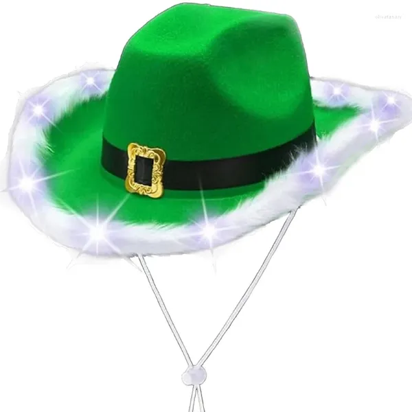 Boinas Navidad iluminada sombrero de vaquero occidental ala peluda color verde LED Santa ajustable intermitente Fedora disfraz accesorio