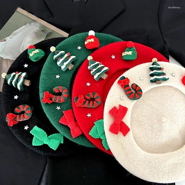 Boinas Sombrero de boina roja de Navidad para mujeres Niñas Regalo de año Novias Gorro de lana suave y cálido Otoño Invierno Sombreros de pintor