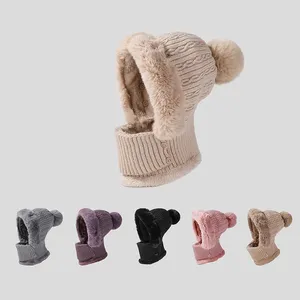 Baretten CHRLCK Winter Twist Gestreepte Gebreide Muts Sjaal Unisex Fluwelen Een stuk Warme Mutsen Vrouwen Oor Nekbescherming Wol caps