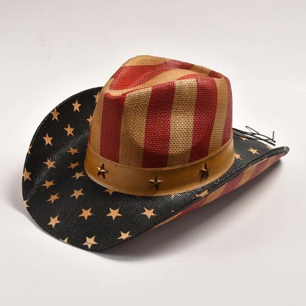 Bérets classique drapeau américain Western Cowboy chapeaux été paille large bord plage chapeau de soleil Cowgirl fête Jazz