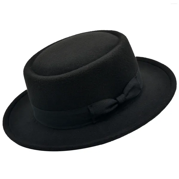 Bérets Classic Walter White Boat Brim Fedoras Vintage Black Hat Soft Felt Unique Bow Chapeaux Hommes