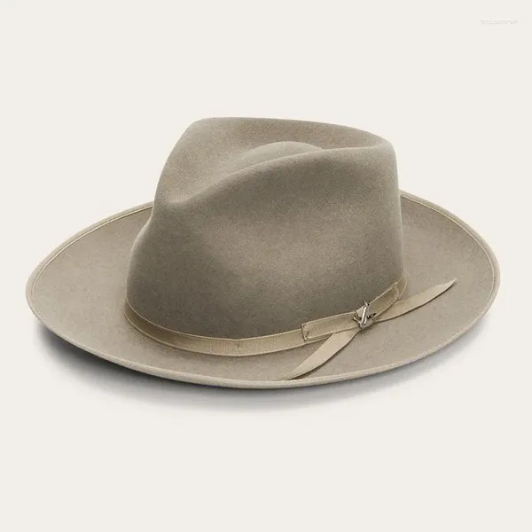 Bérets Classique Laine Fedora Hiver Panama Chapeau Femme Avec Gros-Grain Chapeau Pur Feutre Hommes Teardrop Crown Rancher