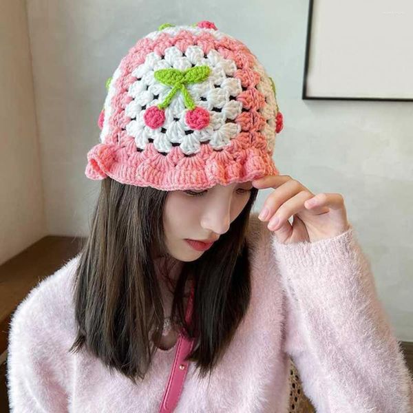 Boinas Color Block Bucket Hat Punto Hecho A Mano Cereza Crochet Sombreros Para Mujeres Accesorios Lindos Y Elegantes Primavera