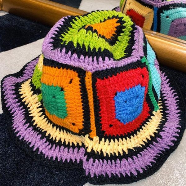 Boinas de colores sombreros de pescador tejidos a mano para mujer gorros de contraste de Color Ins Sunprotect sombrero de lavabo de lana patrón de cuadros de moda sol