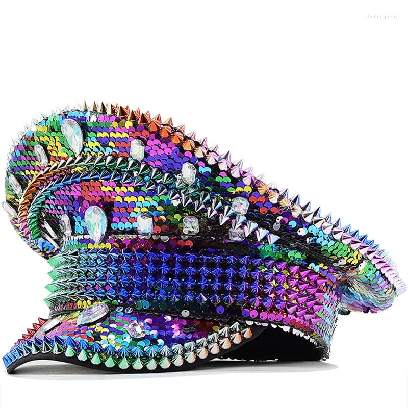 Bérets Coloré Paillettes Femmes Hommes Steampunk Chapeau Militaire Capitaine Cap Pour Dame Sergent Mariée Poule Do Festival Fête D'anniversaire