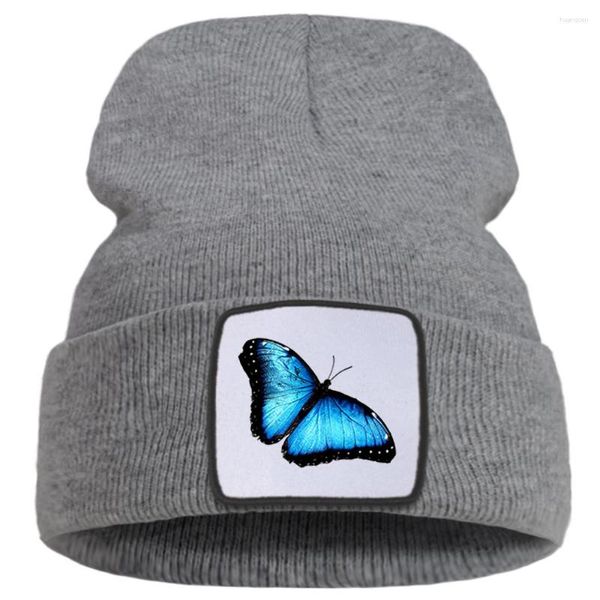 Boinas Cool Blue Butterfly Personalidad Impresión Hip Hop Hombres Sombreros de invierno Mantener caliente Casual Mujeres Sombrero de punto Gorro de moda suave para adolescentes