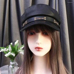 Beretten Cool Simple Autumn All-match Chain Pu Leather Girl Painter Cap Navy Hat Women Koreaanse stijl achthoekig