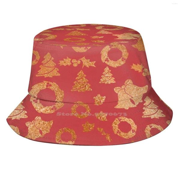 Berretti Rame Oro Motivo natalizio Design Stampato Cappelli da secchio da viaggio Red Tree Wreath Bell