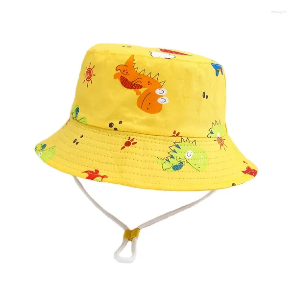 Bérets Coton Dinosaure Imprimer Enfants Panama Été En Plein Air Crème Solaire Garçon Fille Seau Chapeau Voyage Soleil Pêcheur Casquettes Coupe-Vent Corde Bébé