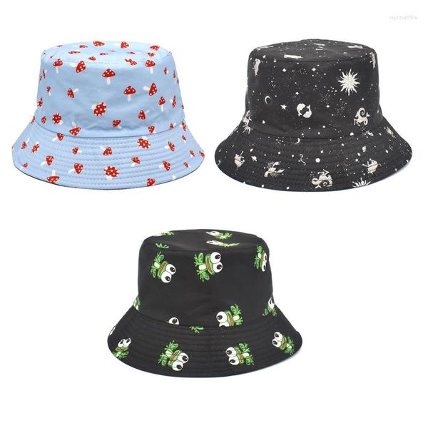 Boinas algodón pescador sombrero Unisex Hiphop cubo lindo hongo/rana/cielo estrellado lavabo plegable para protección solar al aire libre