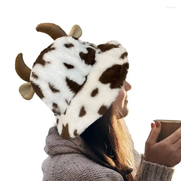 Bérets Chapeaux d'impression de vache pour femmes Chapeau de seau en peluche douce avec corne mignonne Casquette de pêcheur moelleuse d'hiver Chaud en plein air Hommes