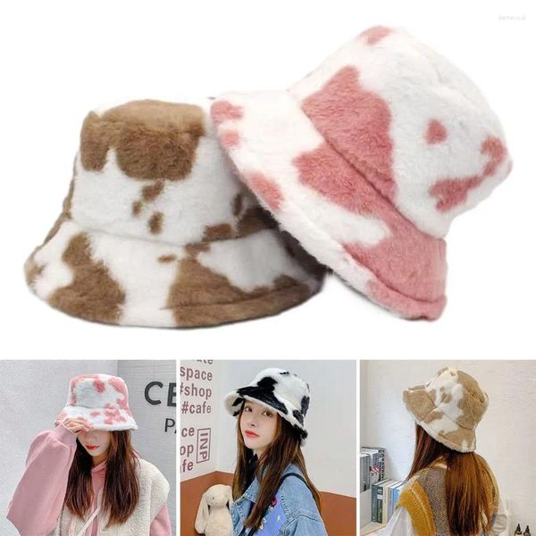 Bérets Cow Stripe Bucket Hat Outdoor chaud Soft Sun Sun Cap en peluche d'hiver Panama Men Femmes