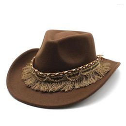 Boinas sombrero de vaquero para mujeres y hombres borlas Jazz gorra de lana 57-58cm estilo étnico borde curvo alta calidad vaquera NZ0062