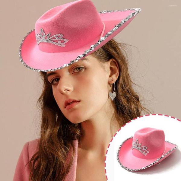 Boinas Cowboy Hat for Women Cowgirl With Glitter Sequins Brim Crown Pattern Decor Accesorios Drawstring Pink