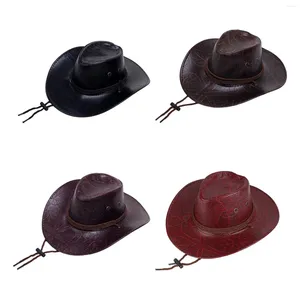 Berets Cowboy Hat Gentleman Jazz Hats Wide Brim Sunhat met verstelbare Chin Strap Cowgirl Pu Leather For Women Men Club Bar