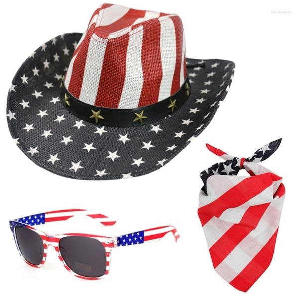 Bérets Chapeaux de cowboy Vintage Summer Sunhat Western Cowgirl Chapeau et Bandana Lunettes de soleil Costume Party Dress Up Accessoires R7RF