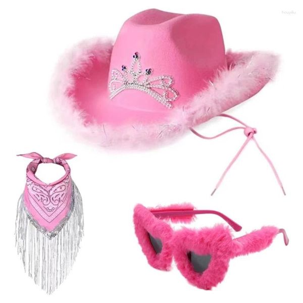 Bérets Cowgirl Costume Set pour Bachelorettes Party Cowboy Chapeaux Bandanas Bandanas Femmes Bridal Douche de nuit Pink Nightclub