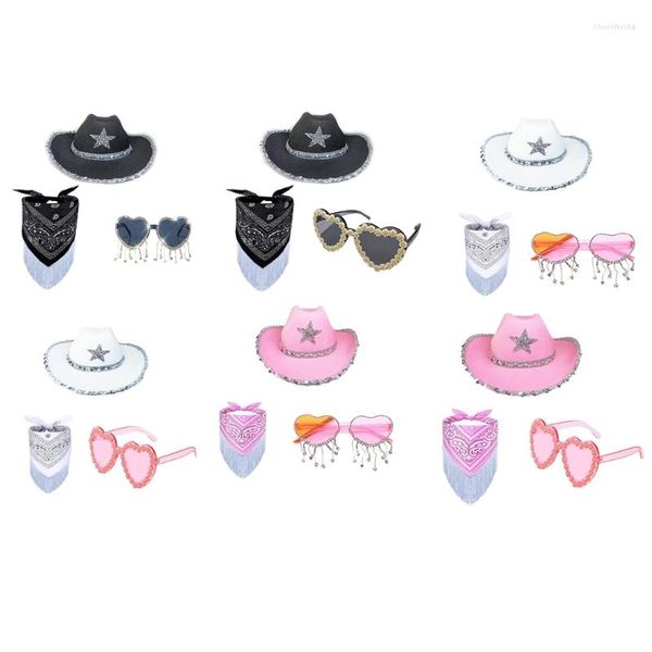 Bérets chapeau de cow-girl fête de mariée CowboyHat lunettes BandanaSet Bachelorette