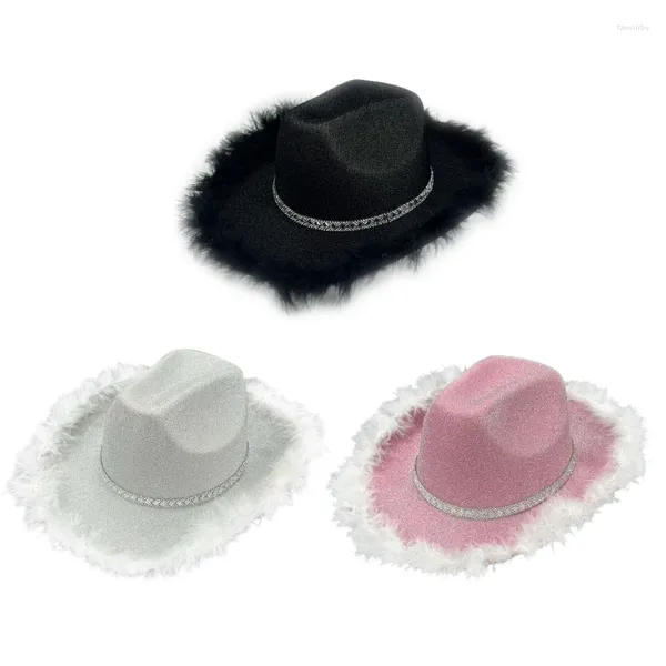 Boinas Sombrero de vaquera con adornos de plumas Banda de diamantes de imitación para fiestas Vestirse Cosplays Suministros para fiestas Accesorios de disfraces