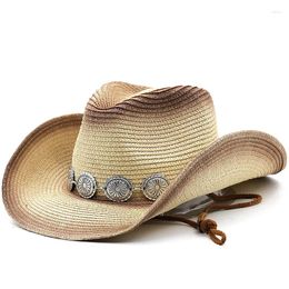 Bérets Cowgirl Chapeau D'été Paille Simple Pour Femmes Hommes Western Cowboy Lady Tendance Tissé Soleil Large Bord Casquette De Plage