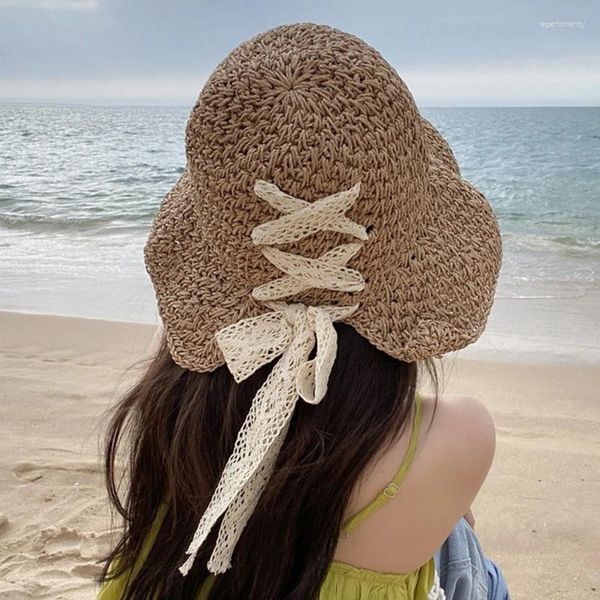Bérets Crochet ruban réglable été seau chapeau pêcheur chapeaux pour femmes filles respectueux de la peau grand bord casquette anti-soleil