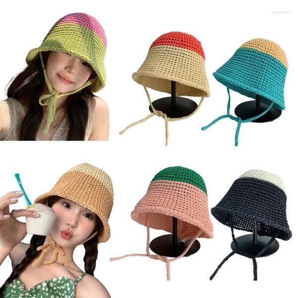 Bérets Crochet Seau Chapeau Été Printemps Couleur Assortie Disquette Pour Adulte Adolescent Tricoté Soleil