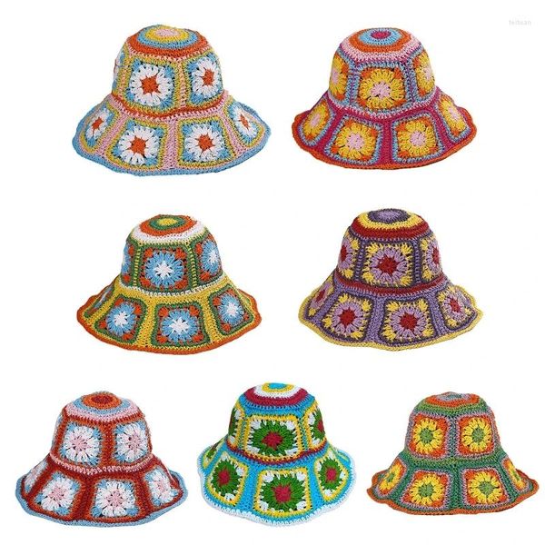 Boinas Sombrero de cubo con patrón de flores de ganchillo Gorra anti-uv de ala ancha plegable multicolor