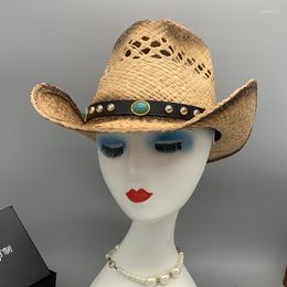 Beretten grens grenzen Amazon European en American Style Lafite Grass Handmade uitgeholde Gem Vakantie Sun Shading Cowboy Hat