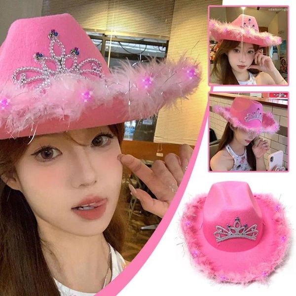 Boinas Crown Pink West Cowboy Hat Western Cowgirl Stetson Shiny Women Girls Fedora Tiara Caps Lentejuelas Fiesta Edge Sombreros Feat G9Q2