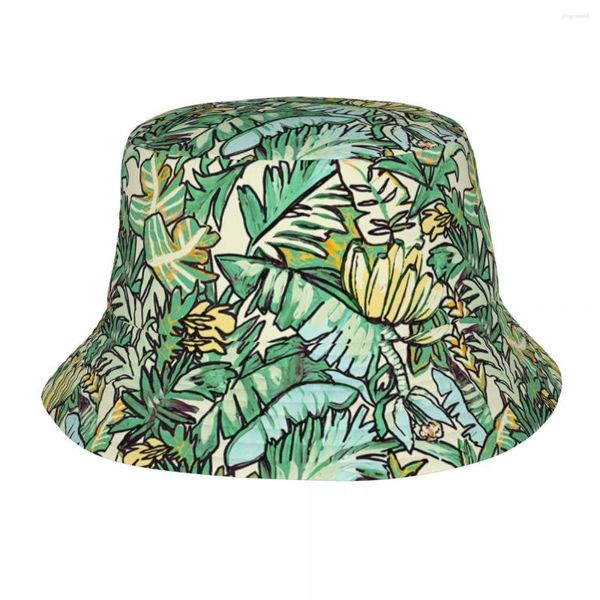 Boinas Custom Green Banana Leaves Bucket Hat Hombres Mujeres Moda Summer Beach Sun Fisherman Cap