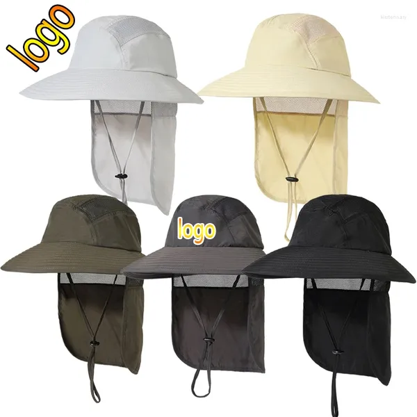 Boinas Logotipo personalizado Moda Sombrero de cubo Hombres Máscara de pesca al aire libre Sombreros de pescador de ala ancha Mujeres Transpirable Protección UV Gorra solar