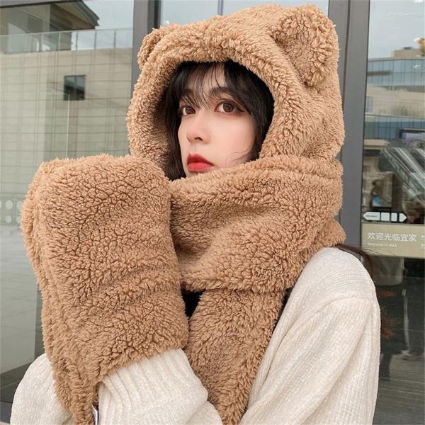 Bérets mignon ours oreille chapeau écharpe gants ensemble hiver femmes bonnets casquettes chaud décontracté chapeaux en peluche solide polaire fille