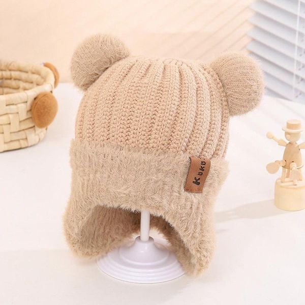 Bérets mignon ours oreille tricoté chapeaux femmes filles en plein air chaud en peluche oreillettes bonnet chapeau hiver épais coupe-vent étiquette décor casquettes