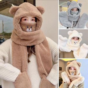 Bérets mignon ours oreille en peluche bonnet chapeau avec masque écharpe gants quatre pièces costume hiver chaud épaissi Protection Skullies Bomber