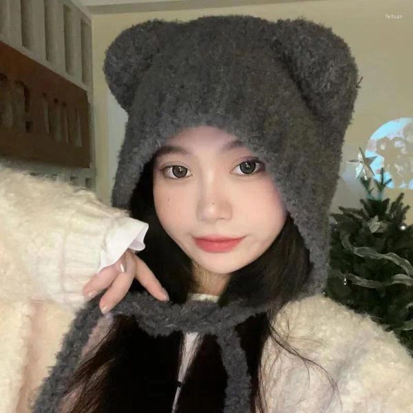 Bérets mignon ours oreille chaud bonnet pour femmes dames hiver solide doux en peluche tricot pull filles en plein air coupe-vent bonnet chapeau