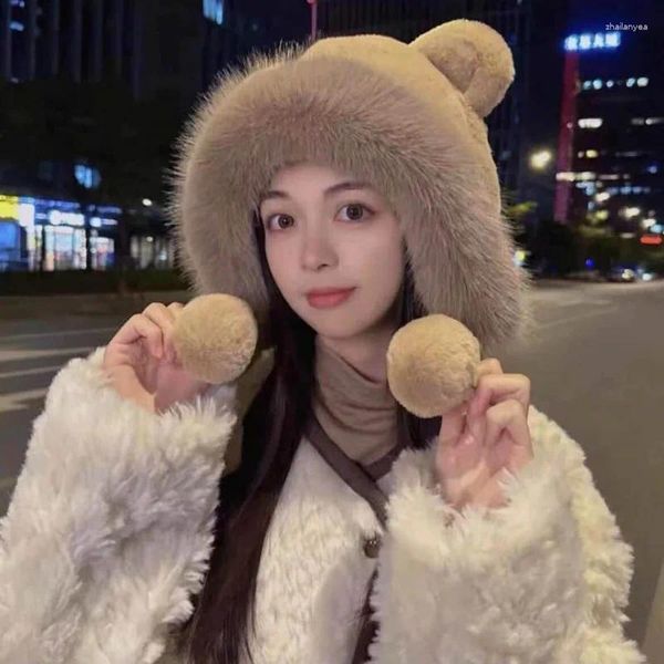 Bérets mignon ours oreilles oreillette chapeau femmes hiver chaud en peluche Skullies bonnet casquette filles fête Cosplay en plein air coupe-vent bombardier