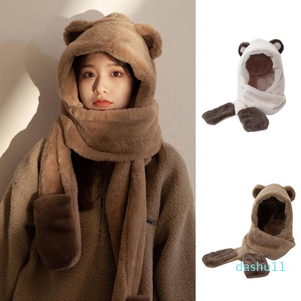 Bérets mignon couleur assortie une pièce chapeau et écharpe ensemble doux confortable en peluche mode longue capuche avec des mitaines chaud chapeaubérets béretsbérets