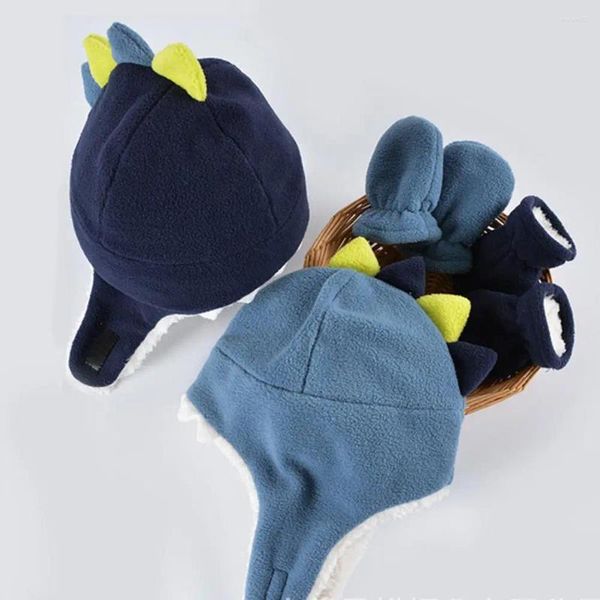 Bérets mignon dinosaure conception hiver ensemble double couche forme de dessin animé bébé chapeaux mitaines chaud polaire gants pour garçon