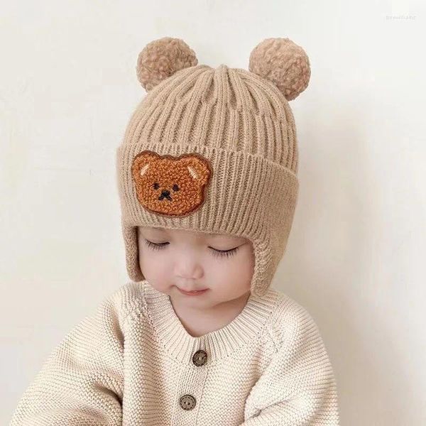 Bérets mignon double laine pompon bébé enfant en bas âge chapeau dessin animé ours doux chaud chapeaux tricotés avec enfants garçons filles automne hiver casquettes 3-24 mois