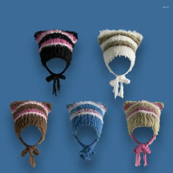 Bérets Oreilles Mignonnes En Peluche Rayé Tresses Tricoté Bonnet Chapeau Femme Automne Hiver Chaud Polyvalent Protecteurs D'oreille Laine Bomber