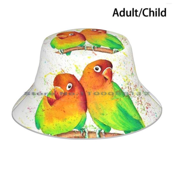 Bérets mignons oiseaux d'amour aquarelle seau chapeau chapeau de soleil peinture oiseaux amoureux mariages Art