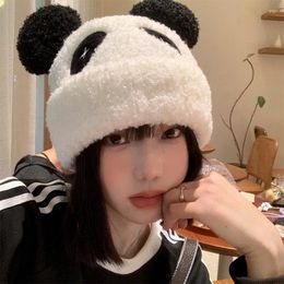 Beretten schattige panda -oren pluche dameshoeden herfst en winter warme oorbescherming imitatie lamslam wol Koreaanse gebreide muts caps mannen