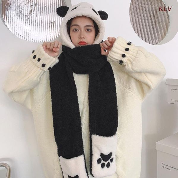 Bérets mignon Panda sweats à capuche écharpe avec mitaine moelleux chaud peluche chapeau ensemble coupe-vent hiver 6XDA