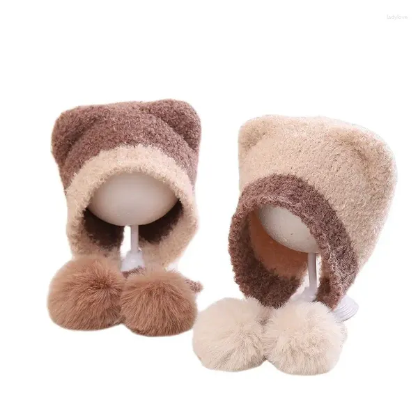 Bérets mignon en peluche Protection des oreilles chapeau tricoté pour les nourrissons automne hiver bébé chaleur tête couvre boule de cheveux garçons filles laine