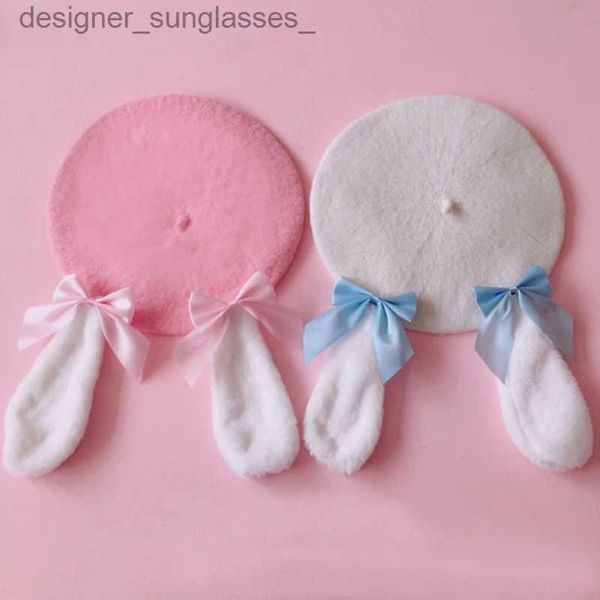 Boinas Lindas orejas de conejo de peluche para mujer, gorro de boina para niña, gorros de invierno cálidos, gorros de boina dulce de Lolita, accesorios para festivales L231103