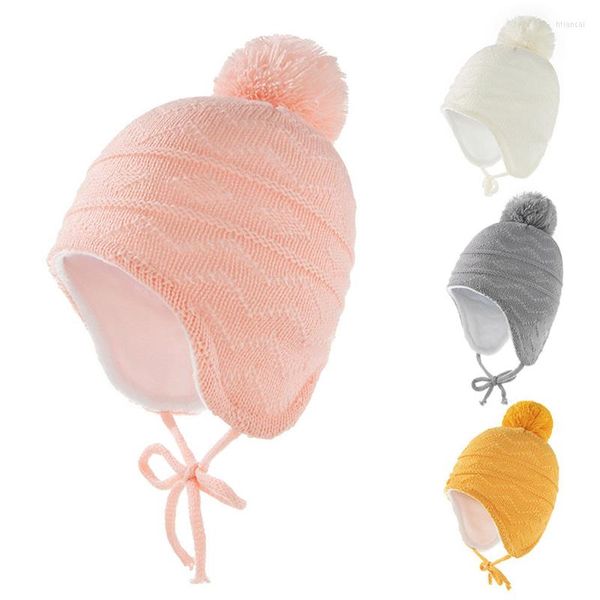 Boinas Lindo Pompom Sombrero de bebé Cálido Otoño Invierno Niños Niña Niño Bonnet Crochet Color Sólido Protección para los oídos Niño Niños Gorro Cap