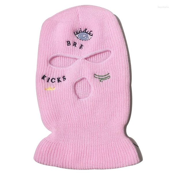 Boinas Ciclismo Máscara de esquí Cosplay Cubierta de cara completa para mujeres Otoño Invierno Cálido Bordado Sombrero de punto Pasamontañas de 3 agujeros Skullies Cap