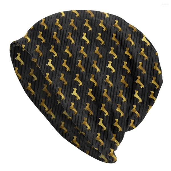 Boinas Dachshund Beanie Sombreros Negro y dorado Perro Sombrero de punto Gimnasio Elástico Hombres Mujeres Gorras Otoño Gráfico Y2K Cool Bonnet Regalo